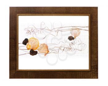 Decorative photo frame with abstract composition of shells, stones and wire isolated on white background.