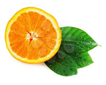 Fresh orange fruit with green leaves isolated on white background.