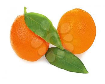 Ripe orange fruits with leaves isolated on white background.