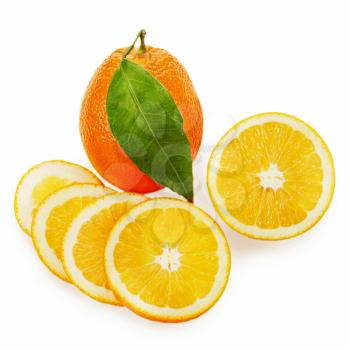 Fresh ripe orange fruits with cut and green leaves isolated on white background.