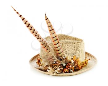 Hunting hat with pheasant feathers isolated on white. Closeup.
