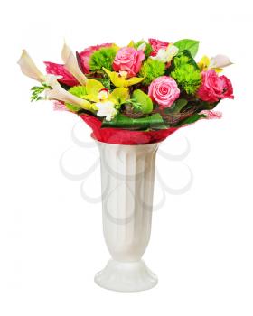 Colorful flower bouquet arrangement centerpiece in vase isolated on white background.
Closeup.