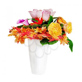 Floral bouquet arrangement centerpiece in white vase isolated on white background.