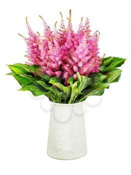 Colorful bouquet from astilbe and funkia flowers in vase isolated on white background. Closeup.