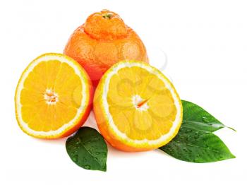Fresh orange fruit with green leaves isolated on white background. Closeup.