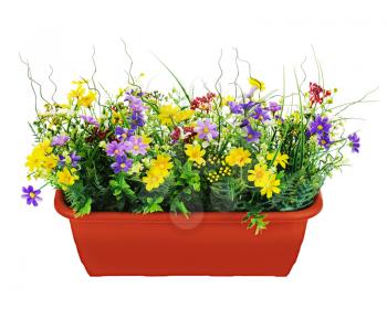 Composition of artificial garden flowers in decorative flowerpot isolated on white background.