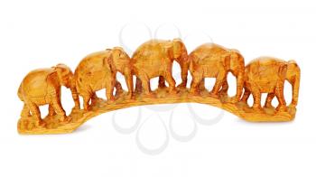 Five wooden elephants walking together isolated on white background. 