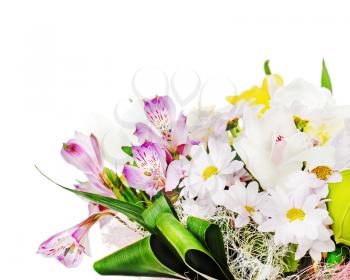 Fragment of colorful bouquet of roses, lilies and orchids arrangement centerpiece isolated on white background.