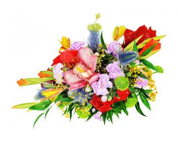 Floral bouquet of orchids, gladioluses and carnation isolated on white background.