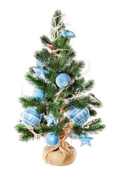 Christmas fir tree decorated with toys and Christmas decorations isolated on white background