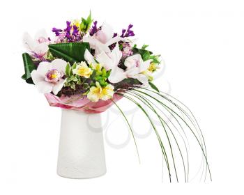 Bouquet from orchids in white vase isolated on white background. Closeup.