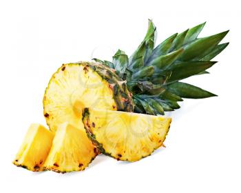 ripe pineapple with slices  isolated on white 