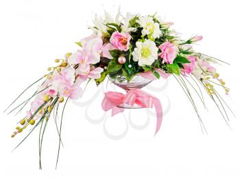 Floral bouquet of roses and orchids arrangement centerpiece isolated on white background. Closeup.