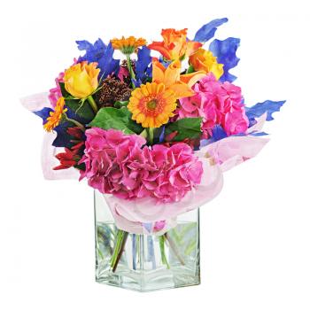 Colorful flower bouquet in vase isolated on white background. Closeup.