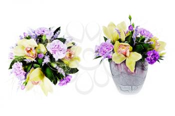 Colorful floral bouquet of roses,cloves and orchids isolated on white background.