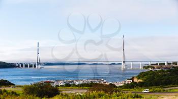 Longest cable-stayed bridge in the world in the Russian Vladivostok over Eastern Bosphorus strait to Russky Island. 