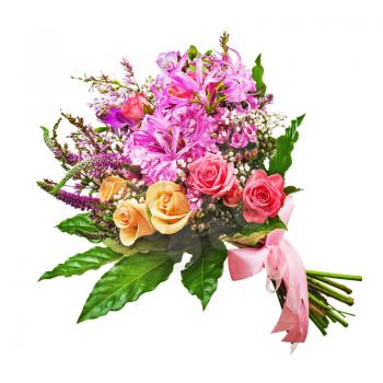 Floral bouquet of roses, lilies and orchids isolated on white background. Closeup.