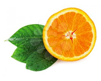Fresh orange fruit with green leaves isolated on white background.
