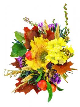 Bouquet of sunflowers and gerbera flowers isolated on white background. Closeup.