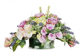 Bouquet from artificial flowers arrangement centerpiece in vase isolated on white background.