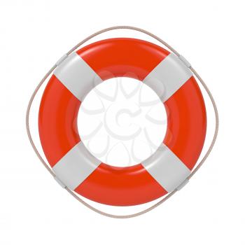 Red Lifebuoy with White Strips and Rope. Isolated on white.
