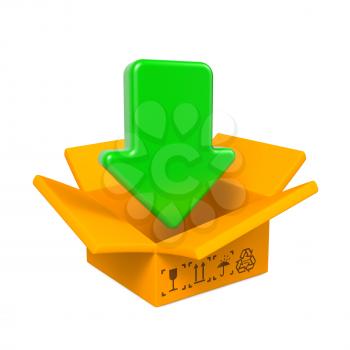 Open Color Cardboard Box with Green Arrow. For Design.