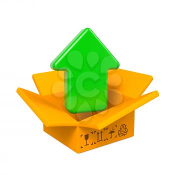 Open Color Cardboard Box with Green Arrow. For Design.
