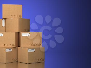 Pile of cardboard boxes on a blue. Industrial background. 3D Render.
