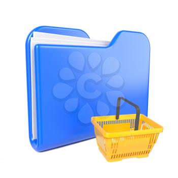 Blue Folder with Yellow Shopping Basket. Isolated on White.