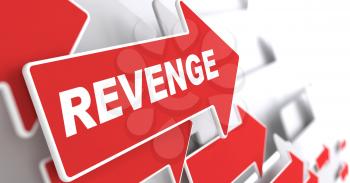 Revenge Concept.  Red Arrow with Revenge slogan on a grey background. 3D Render.