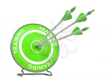 Training - Educational Background. Three Arrows Hitting the Center of a Green Target, where is Written Word Training. 3D Render.