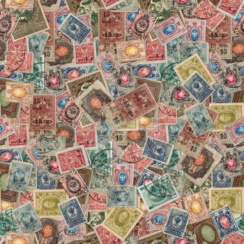 Seamless Tileable Texture of  Vintage Russia Postage Stamps. Varicolored Collage of Stamps.