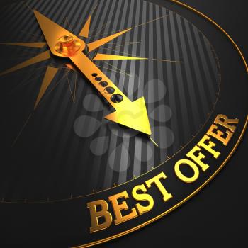 Best Offer - Business Background. Golden Compass Needle on a Black Field Pointing to the Word Best Offer. 3D Render.