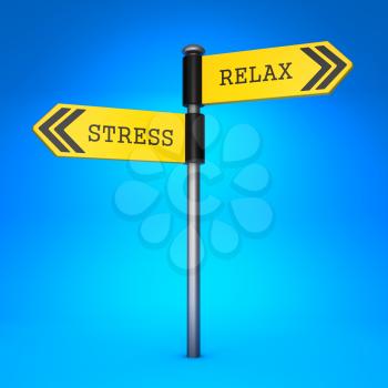 Yellow Two-Way Direction Sign with the Words Stress and Relax on Blue Background. Concept of Choice.