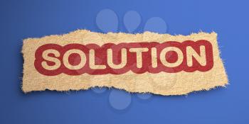 Solution Word of Rough Paper, Circled in Red, on Blue Background. Business Concept. 3D Render.