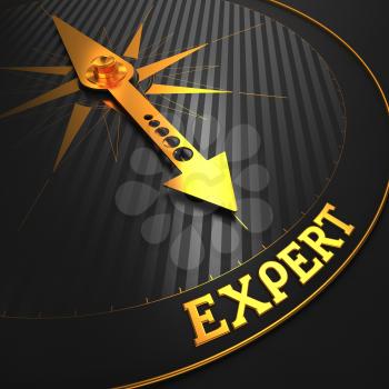 Expert - Business Background. Golden Compass Needle on a Black Field Pointing to the Word Expert. 3D Render.
