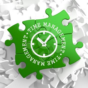 Time Management with Icon of Clock Face Written on Green Puzzle Pieces. Business Concept.
