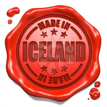 Made in Iceland - Stamp on Red Wax Seal Isolated on White. Business Concept. 3D Render.