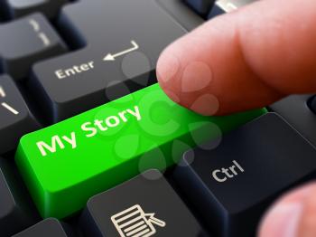 My Story Button. Male Finger Clicks on Green Button on Black Keyboard. Closeup View. Blurred Background. 3d Render.