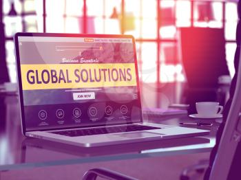 Global Solutions Concept Closeup on Laptop Screen in Modern Office Workplace. Toned Image with Selective Focus. 3D Render.