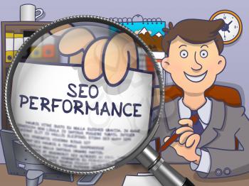 Seo Performance on Paper in Businessman's Hand through Magnifying Glass to Illustrate a Business Concept. Multicolor Doodle Illustration.