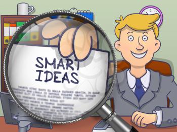 Officeman in Suit Holds Out a Paper with Inscription Smart Ideas Concept through Magnifier. Closeup. Colored Doodle Illustration.
