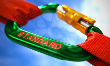Green Carabiner between Red Ropes on Sky Background, Symbolizing the Standard. Selective Focus. 3D Render.