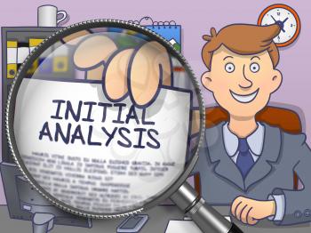Initial Analysis. Paper with Text in Business Man's Hand through Magnifying Glass. Multicolor Modern Line Illustration in Doodle Style.