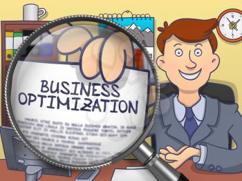 Man in Office Showing Concept on Paper Business Optimization. Closeup View through Lens. Multicolor Doodle Style Illustration.