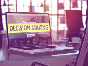 Decision Making Concept. Closeup Landing Page on Laptop Screen  on background of Comfortable Working Place in Modern Office. Blurred, Toned Image. 3D Render.