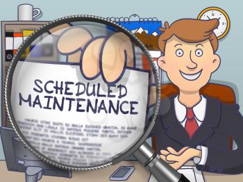 Scheduled Maintenance on Paper in Man's Hand through Lens to Illustrate a Business Concept. Multicolor Doodle Illustration.