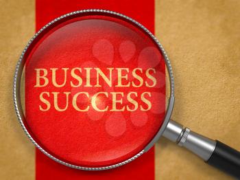 Business Success Concept through Magnifier on Old Paper with Red Vertical Line Background. 3D Render.