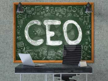 CEO - Chief Executive Officer - Handwritten Inscription on Green Chalkboard with Doodle Icons Around. Business Concept in the Interior of a Modern Office on the Gray Concrete Wall Background. 3D.