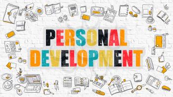 Personal Development - Multicolor Concept with Doodle Icons Around on White Brick Wall Background. Modern Illustration with Elements of Doodle Design Style.